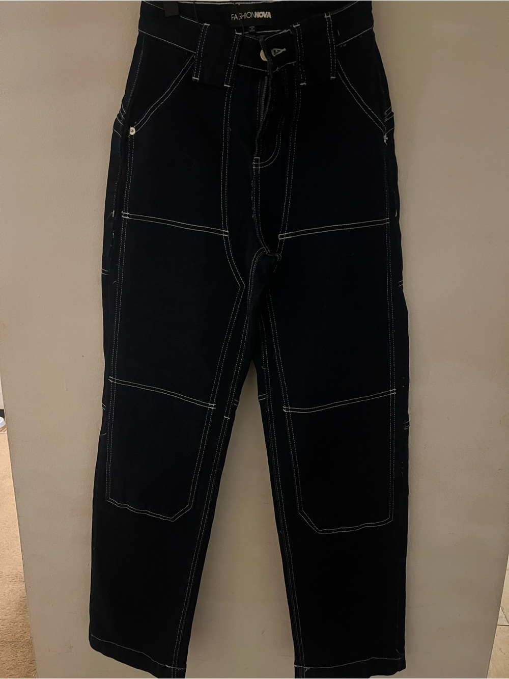 Fashion Nova Men's Dark Indigo Relaxed Utility Jeans with Contrast Stitching